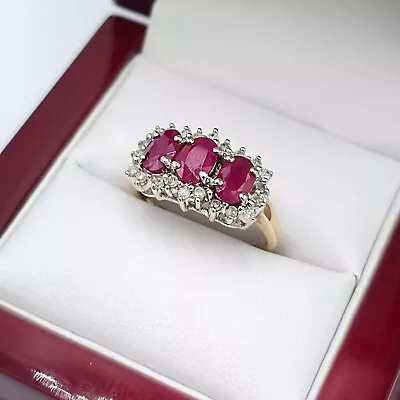 9ct Yellow Gold Natural AAA Ruby Trilogy & Diamond Cluster Ring - Size L 1/2 • £155