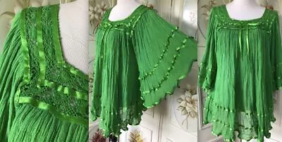 Vtg Grecian Gauze Cotton Lime Green Goddess Tent Butterfly Sun Dress Crocheted • $64