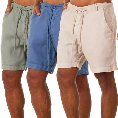 Mens Cotton Linen Shorts Elastic Waist Drawstring Summer Beach Casual Pants • $11.99