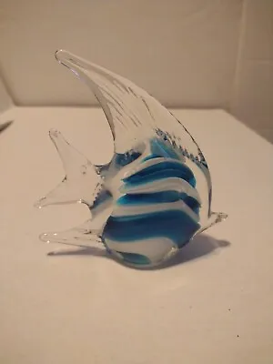 Art Glass Blue & White Angel Fish Hand Blown Murano Style Figurine • $28