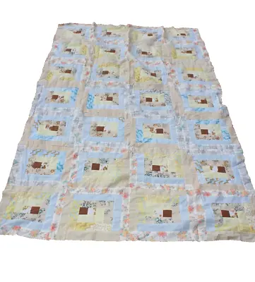 Vintage Handsewn Log Cabin Quilt Top Small Prints 64x105  Long Twin Neutral NICE • $91.88