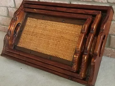 Antique Oak Nesting Serving Trays Set Of (3) Wood Wicker Inlaid Rivets Carved... • $95