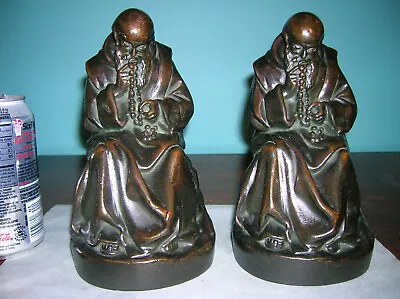 Antique Monk Rosary Christian Catholic Bookends Armor Bronze Clad Near Mint 1920 • $125