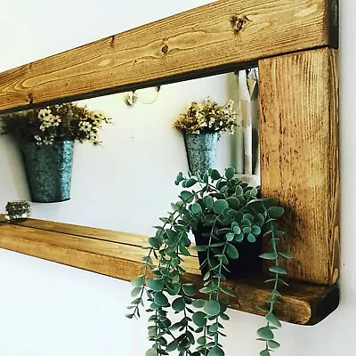 Rustic Handmade Wooden Mirror With A Shelf Waxed In A English Oak • £114.99