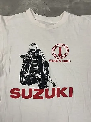 VINTAGE 80s SUZUKI T SHIRT VANCE & HINES WORLD RECORD PRO STOCK MOTORCYCLE DRAG • $99.95