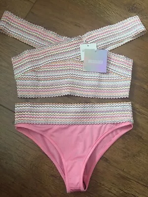 Missguided Ladies Bikini Size 10 Pink Mix Rainbow Bardot Swimwear Stunning On BN • £4.49