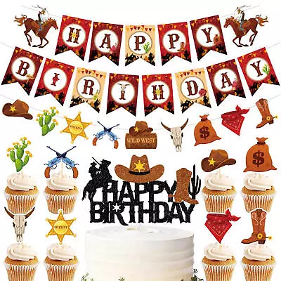 Western Cowboy Theme Birthday Decoration Cowboy Cupcake Toppers Garland Banner • £5.19