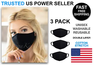 3 Pack Black Face Mask Cotton Double Layer Cover Washable Reusable Unisex USA • $14.95