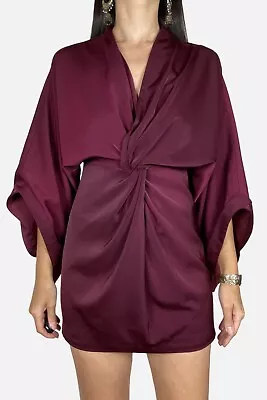 ELLE ZEITOUNE Deep Red Satin Twist Front Kimono Sleeve Mini Dress Size 8 • $29.95