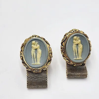 Vintage Dante Blue Cameo Inlay Wrap Around Cufflinks Gold Tone Museum Collectibl • $49.99