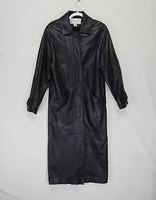 The Limited Leather Trench Coat Womens XS Black Midi Shoulder Pads VTG 80s 90s • $44.95