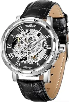 Gute Men's Wrist Watch Mechanical Skeleton Steampunk Roman Numeral Silver/Black • $24.95