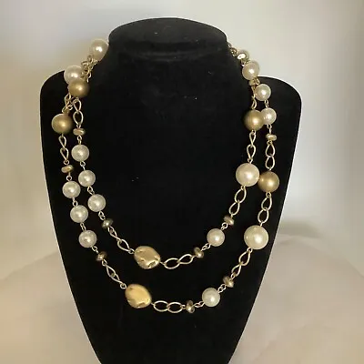Vtg Signed Lia Sophia Long Mother Of Pearl Gold Tone Jewelry Necklace 18  - 20  • $39.99