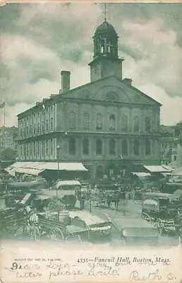C 1905 Faneuil Hall Early Street View Horse Wagon People Action Boston Mass P2 • $5.59