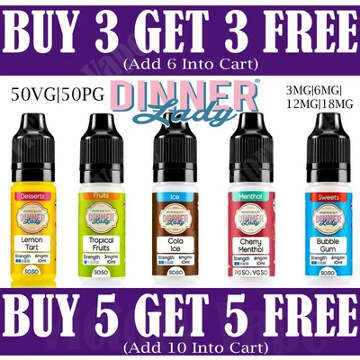 £3.99 • Buy Dinner Lady E-Liquid 50/50 Vape Juice | 3mg 6mg 12mg - 10ml | BUY 3 GET 3 FREE