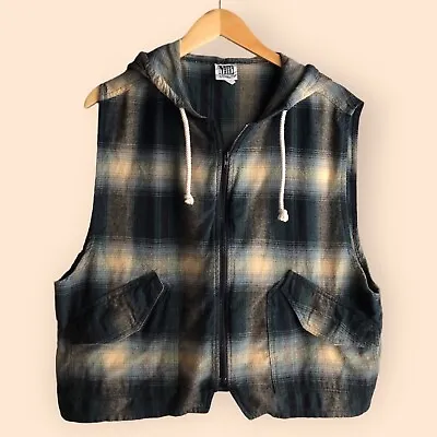 Vintage 80s 90s Mixed Blues Clothing Plaid Hooded Flannel Full Zip Vest Unisex M • $30.99