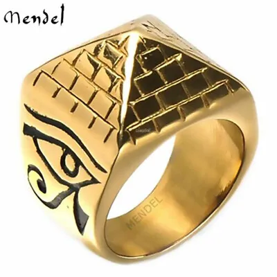 MENDEL Mens Gold Plated Egyptian Pharaoh Eye Of Horus Ra Pyramid Ring Size 7-15 • $11.99