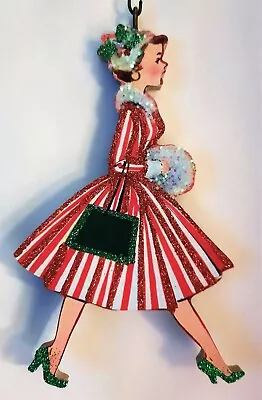 50s WOMAN In RED STRIPED DRESS GREEN PURSE Glitter CHRISTMAS ORNAMENT * Vtg Img • $10.50
