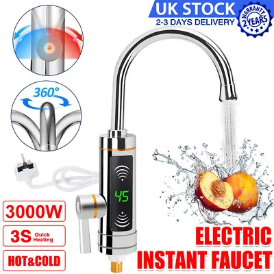 3000W Electric Instant Hot Water Heater 360° LED Kitchen Fast Heating Tap Faucet • £18.95