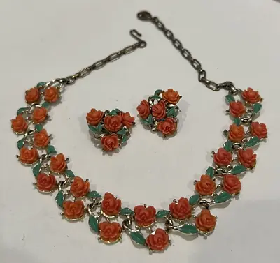 Vintage Faux Carved Coral Celluloid Necklace & Earrings Set • $38
