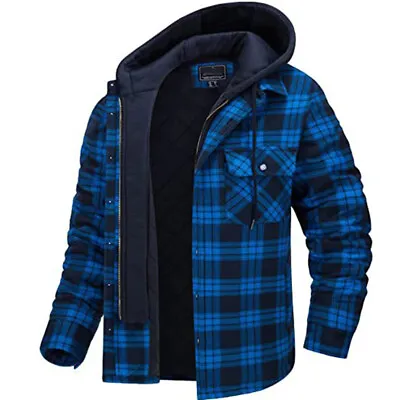 Mens Fleece Lined Plaid Sherpa Hoodie Flannel Zip Up Jacket Outwear • $33.22