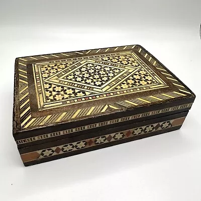 Vintage Wood Inlay Marquetry Jewelry Box Trinket Box Geometric 3 3/4 X 5 3/8 In  • $17.99