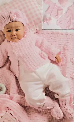CR25 Baby's Blanket Beret Booties Cardigan 6 Months Vintage Crochet Pattern COPY • £3.49