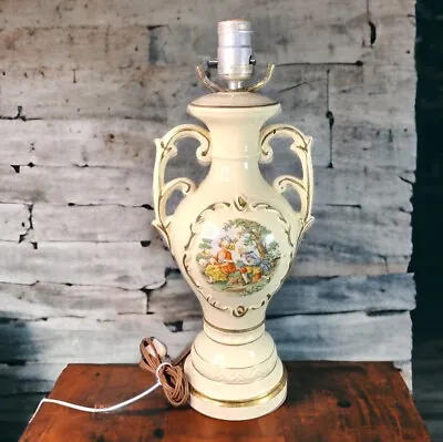 Vintage Leviton Victorian Porcelain Table Lamp 16.5in Gold Trim Handles WORKS • $29.99