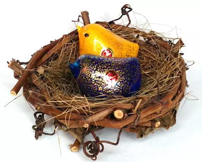 Murano Art Glass Birds In A Nest Yellow Blue Gold Mid Century Home Decor • $132.99