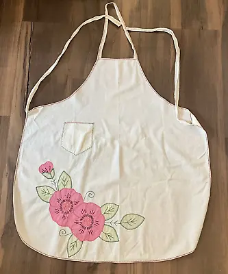 Vintage Handmade Floral Applique Pink Flowers Crisp Linen Bib Apron One Size • $12