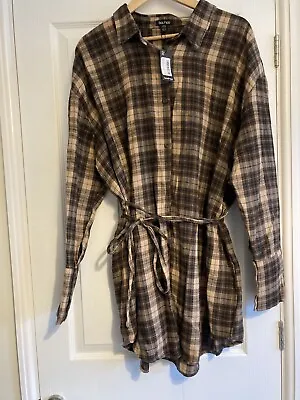 Plaid Check Shirt Dress Long Sleeve Tie Belt 18 Beige Chocolate Brown Boohoo • £12.50