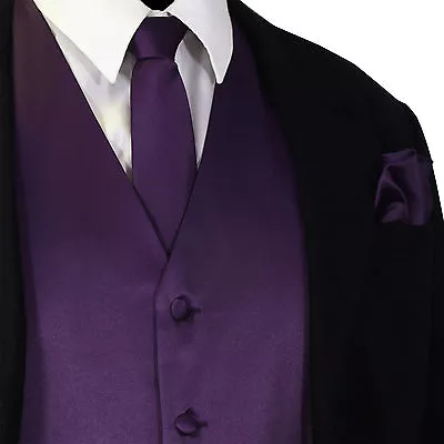 Deep Purple Tuxedo Suit Vest Waistcoat And Neck Tie Hanky Set Prom Wedding Party • $22.31