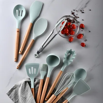 £4.07 • Buy  Silicone Wooden Kitchen Cooking Utensils Set Baking Tools DIY Spatula Spoon