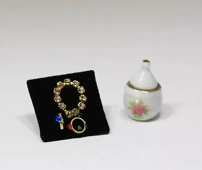 Dollhouse Miniature Vanity Set - Ceramic Rose Covered Dish And Jewelry Display • $4.99