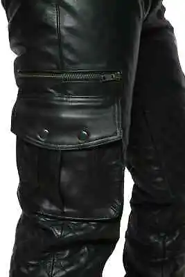 Men's Real Leather Black Pants Cargo Trousers Biker Fit Trousers Motorbike Pants • £79.99