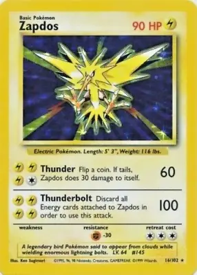 Pokémon TCG - Zapdos - 16/102 - Holo Unlimited - Base Set Unlimited [Near Mint] • $33.99