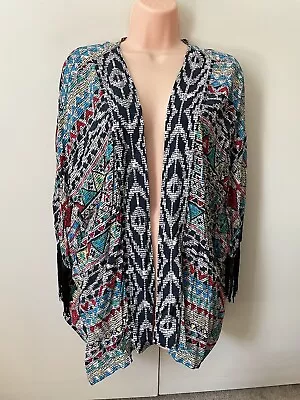 $16.88 • Buy Bershka Kimono Coat SiZe M 10 Boho Triangular Print Fringe White Green Red