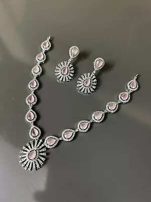 Indian Bollywood Silver Plated Ethnic AD CZ Jewelry Earrings Necklace Bridal Set • $21.99