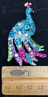 Vintage Peacock Brooch Pin Aqua Blue Pink Crystal Glass Rhinestone • $11.99