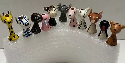 Set Of 11 Wooden Animal Shape Cake Decorations Candle Holders Vintage • $12