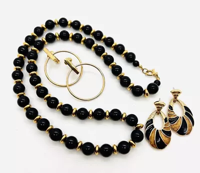 Lot Of Vintage TRIFARI Jewelry Black Beaded Necklace Enamel & Hoop Earrings • $39.99