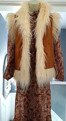 1970s Afghan Hippie Boho Bohemian Mongolian Faux Fur Suedette Gilet Waistcoat 12 • $43.56