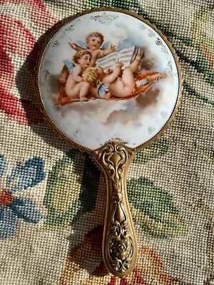 Antique Victorian Cherub Singing Porcelain Boudoir Vanity Hand Mirror • $69