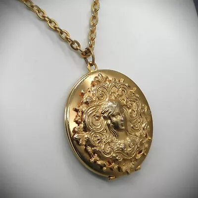 Vintage Locket Chain Necklace Unusual Style Top Opening Face & Scrolls Gold Tone • $39.99