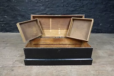 Antique Tool Chest In Oak ~ Vintage Black Wooden Trunk With Inner Trays Storage • £125