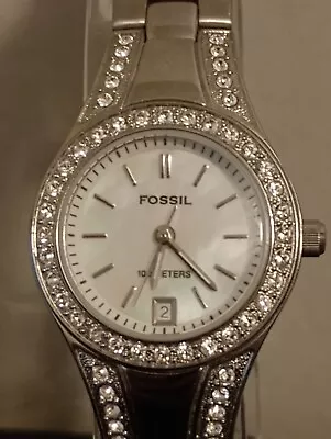 Fossil Watch Women Silver Tone Date Pave Bezel Band Bling MOP Dial SMALL New Bat • $24.99