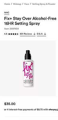 M.A.C Mac Fix+Stay Over Alcohol Free 16HR Setting Spray 3.40 Ounce (Pack Of 1) • $24