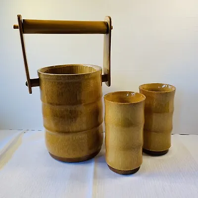 Vintage Bamboo Ice Bucket And 2 Cups Made In Queensland AUS Max Brand Bar Ware • $50