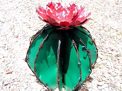 Metal Art Cactus Sculpture Junk Iron Garden Art Red With Red Flower • $97.99