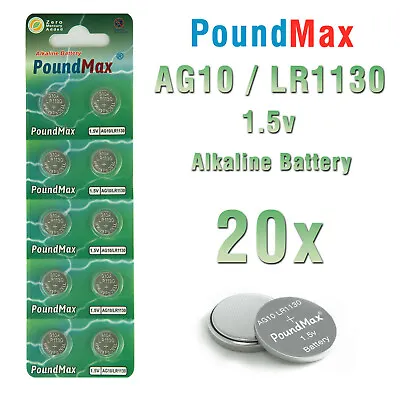 20 X PoundMax AG10 LR1130 LR54 1.5v ALKALINE BUTTON  Battery • £2.79